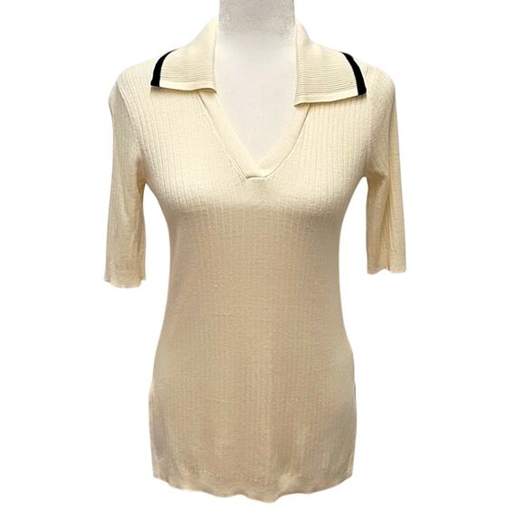 Duette NYC Cream w/Black Trimmed Collar Sweater Short Sleeved V-Neck Size XXS - Picture 1 of 8
